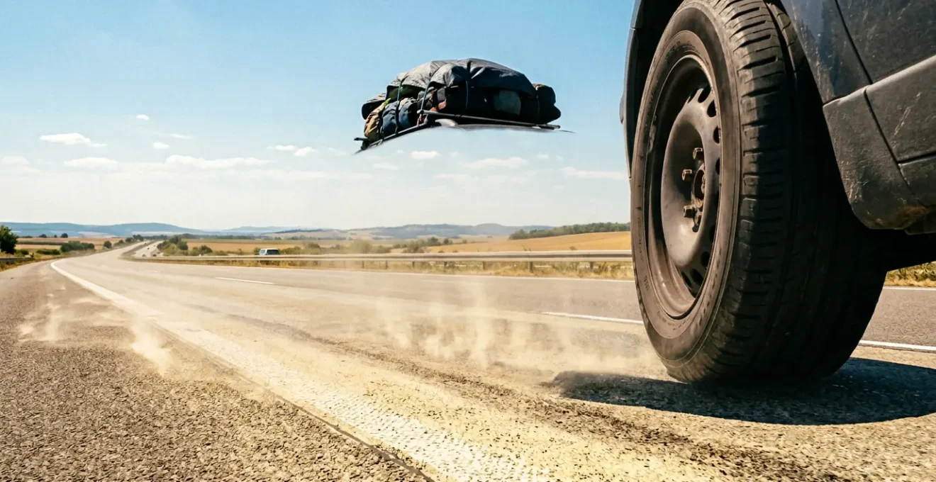 Vollbeladenes Familienauto auf sonnendurchfluteter Autobahn im Hochsommer mit Fokus auf Reifen und Asphalt