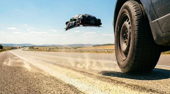 Vollbeladenes Familienauto auf sonnendurchfluteter Autobahn im Hochsommer mit Fokus auf Reifen und Asphalt