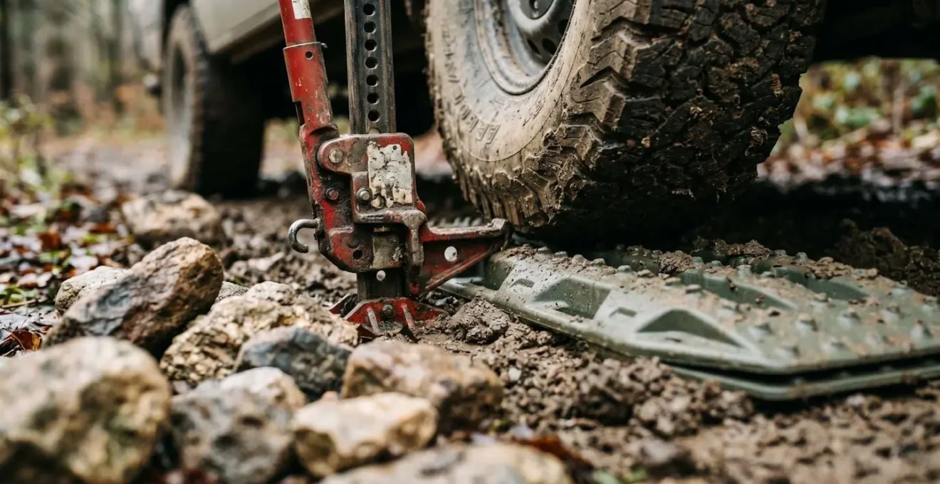 Nahaufnahme eines Wagenhebers auf Sandblech unter einem im Matsch versunkenen Wohnmobil, Steine liegen bereit zum Unterfüllen
