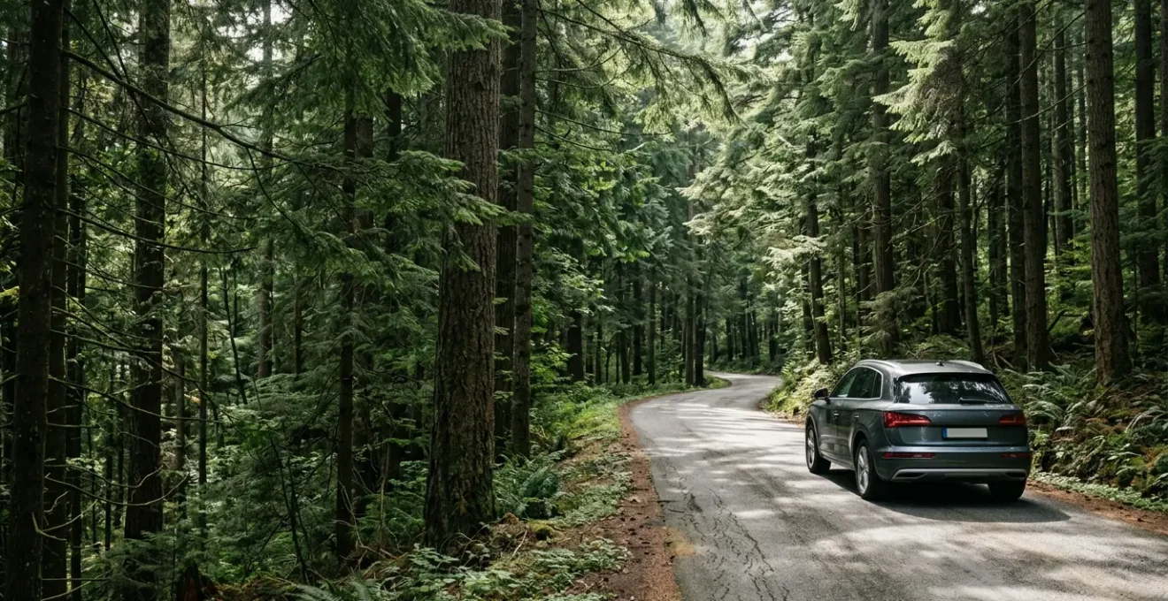 Fahrzeug fährt durch schattigen Waldweg im Sommer mit dichtem Blätterdach