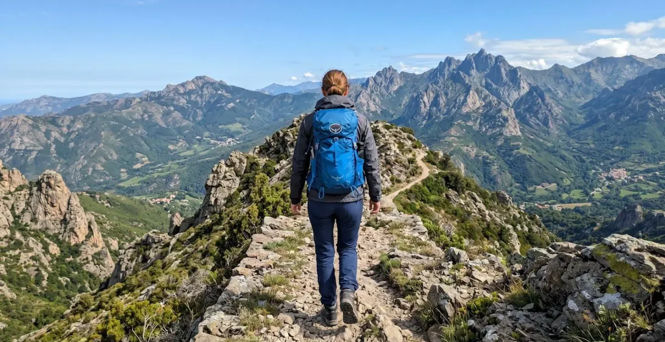 Wanderer mit Rucksack von hinten auf einem schmalen Bergpfad, umgeben von grünen Tälern und schroffen Gipfeln im Hintergrund unter strahlend blauem Himmel
