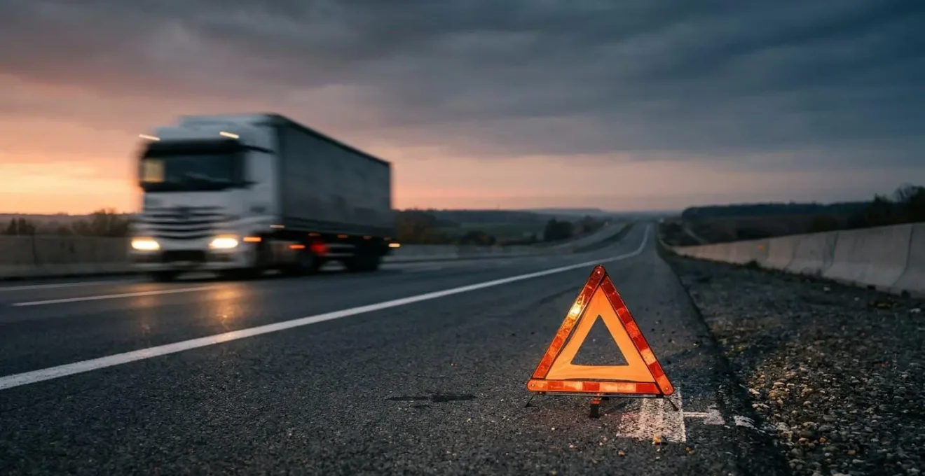Nahaufnahme eines Warndreiecks auf dem Standstreifen einer Autobahn mit verschwommenem LKW-Verkehr im Hintergrund bei Abenddämmerung