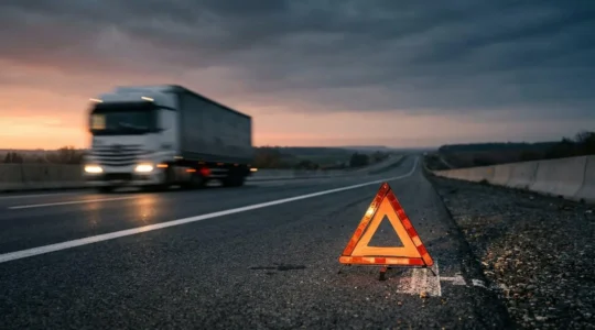 Nahaufnahme eines Warndreiecks auf dem Standstreifen einer Autobahn mit verschwommenem LKW-Verkehr im Hintergrund bei Abenddämmerung