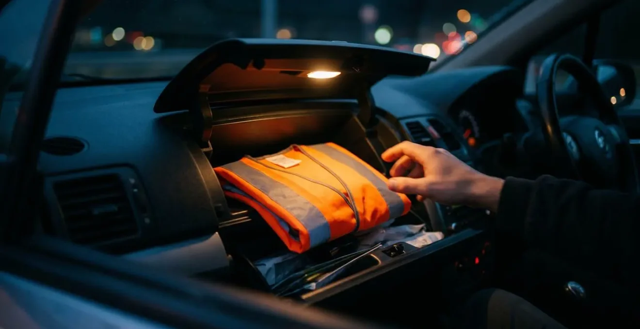 Warnweste in leuchtend orange liegt griffbereit im geöffneten Handschuhfach eines Fahrzeugs bei Nacht
