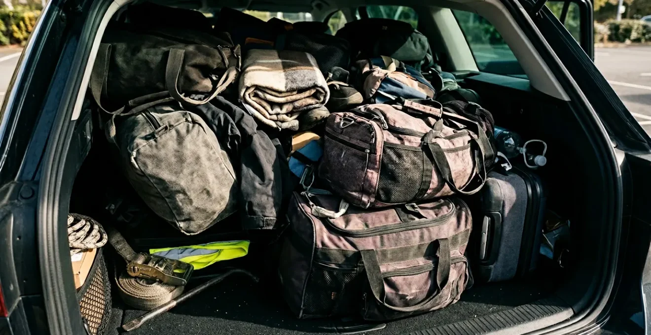 Warnweste im vollgepackten Kofferraum tief unter Gepäck versteckt - Symbol für gefährliche Unzugänglichkeit bei Notfällen