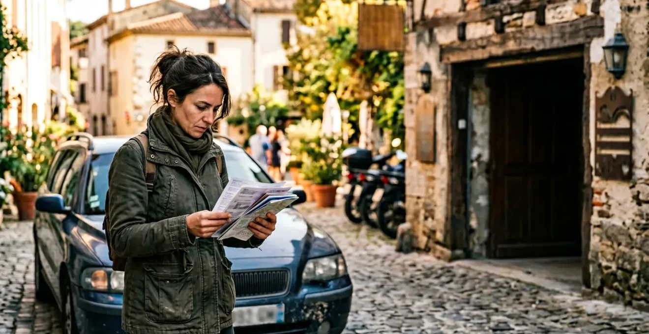 Reisende überprüft Fahrzeugdokumente vor einer Autowerkstatt im europäischen Ausland