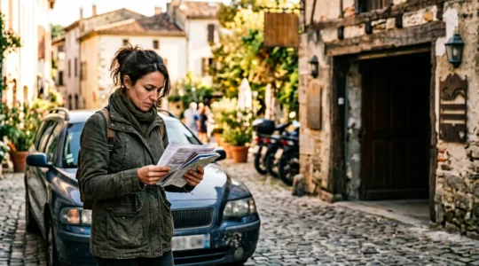 Reisende überprüft Fahrzeugdokumente vor einer Autowerkstatt im europäischen Ausland
