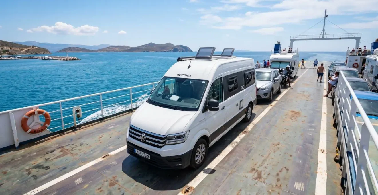 Ein modernes Wohnmobil steht auf dem Autodeck einer Fähre, im Hintergrund ist das hellblaue Mittelmeer sichtbar