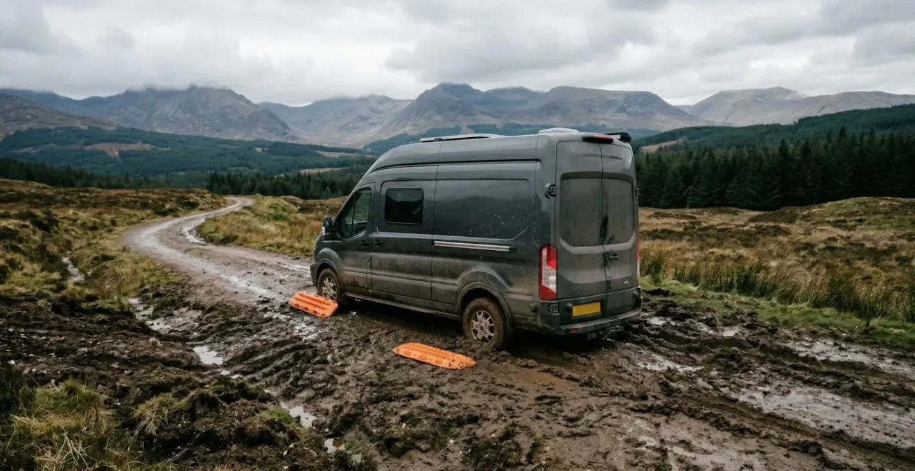 Wohnmobil steckt im Schlamm fest, Sandbleche liegen bereit zur Selbstbergung im Gelände