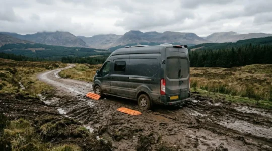 Wohnmobil steckt im Schlamm fest, Sandbleche liegen bereit zur Selbstbergung im Gelände
