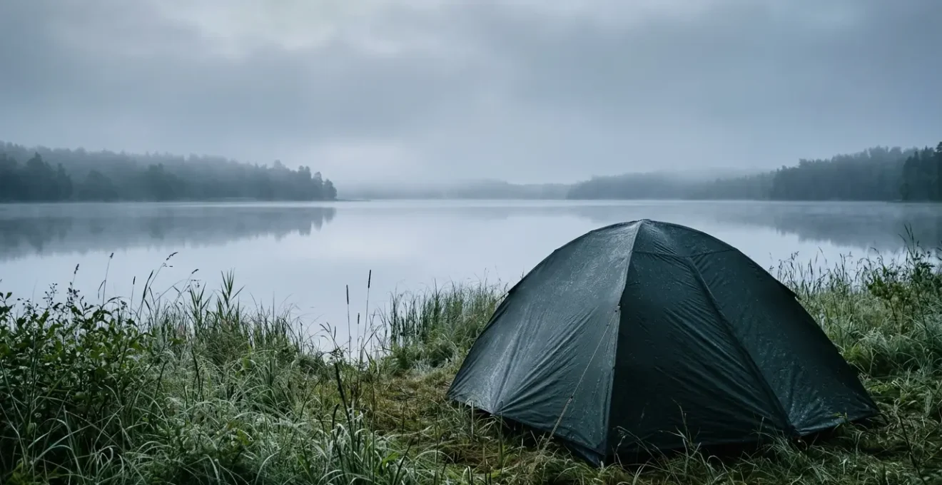 Campingzelt am Seeufer bei Morgendämmerung mit Kondensationstropfen auf der Zeltplane