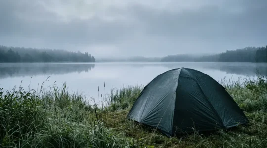 Campingzelt am Seeufer bei Morgendämmerung mit Kondensationstropfen auf der Zeltplane